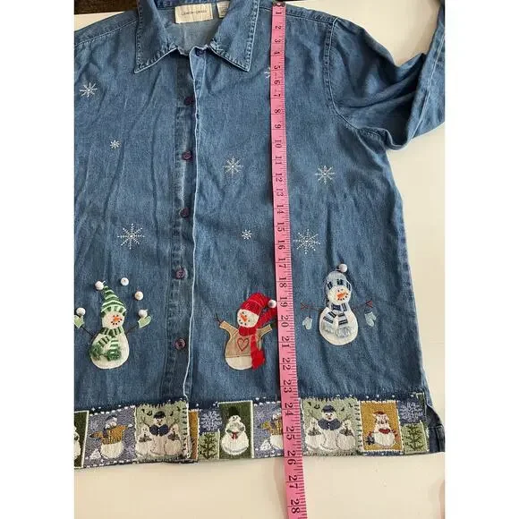 Vintage 90’s Lemon Grass Christmas Denim Shirt Top Snowman Sz Large - Picture 4 of 8